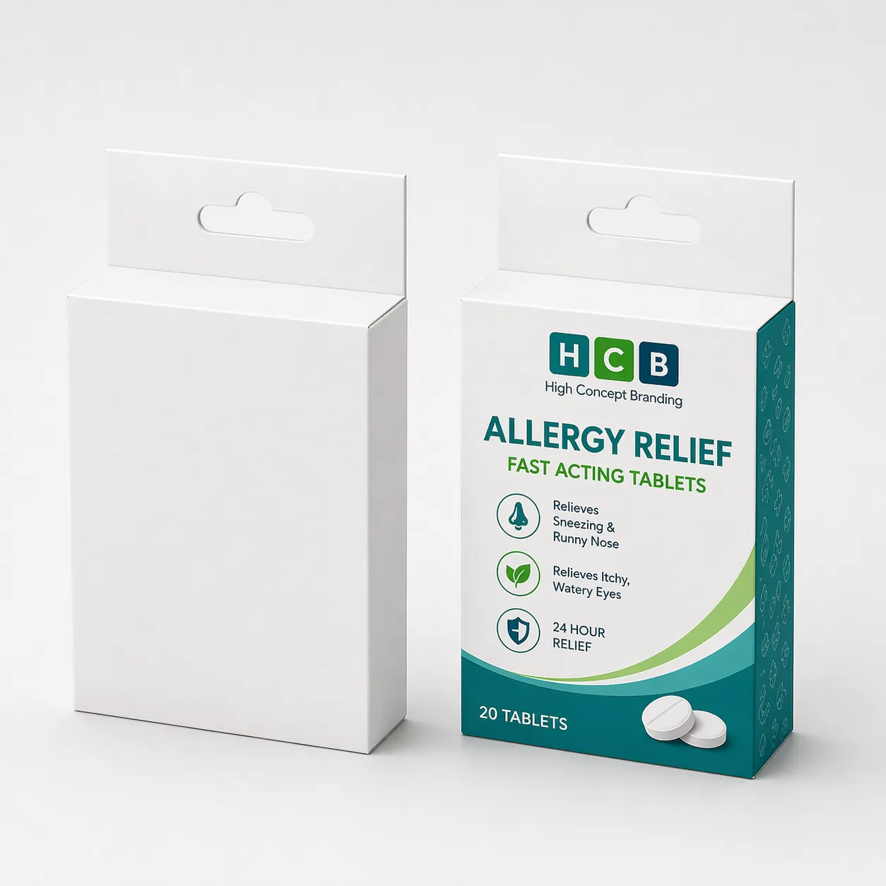 Two tall pharmaceutical boxes, one blank and one featuring blue floral graphics and brand information. class=